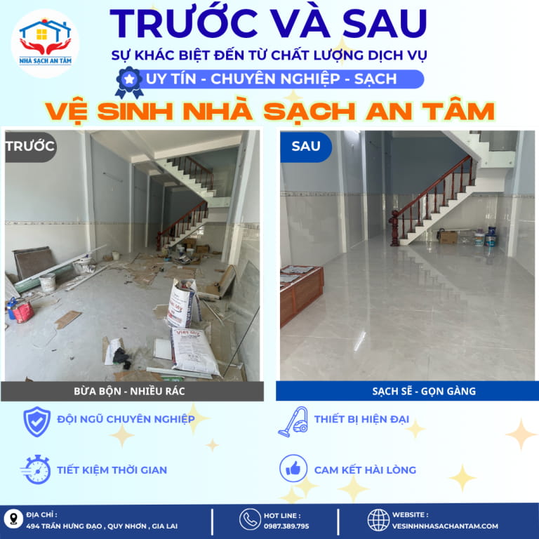 Hình ảnh trước và sau vệ sinh sau xây dựng tại Quy Nhơn